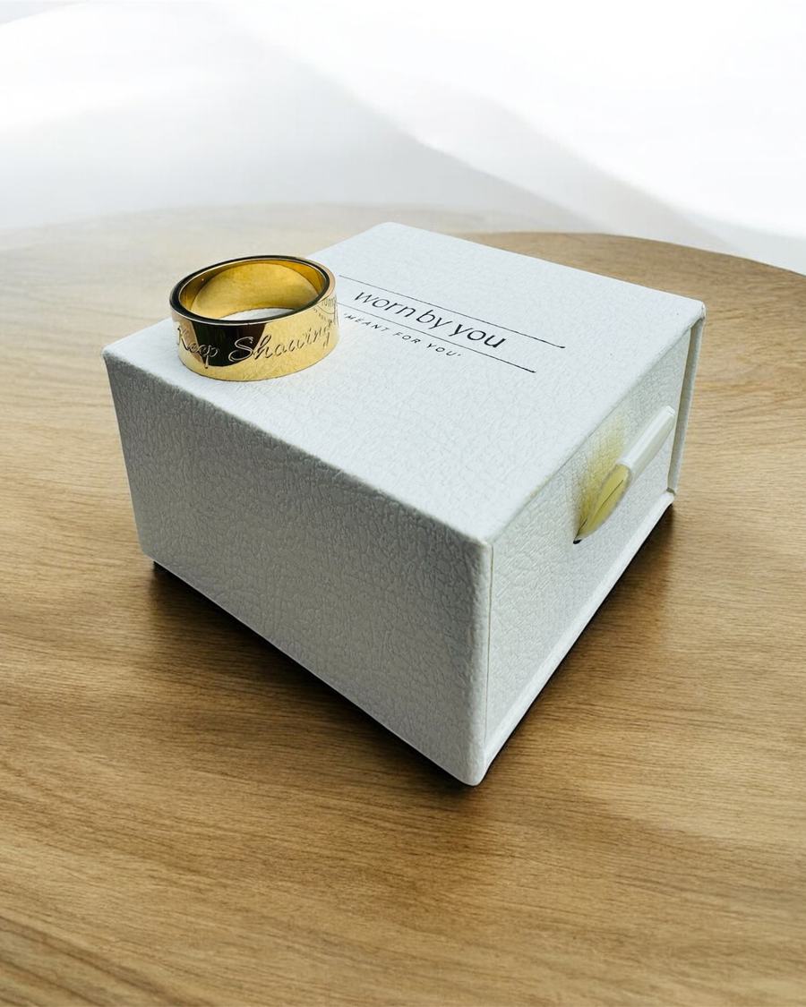 A gold band resting on the worn by you gift box.